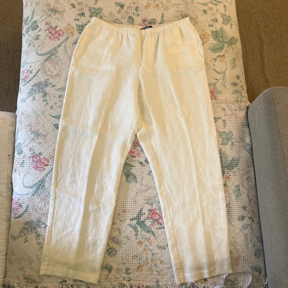 Go Silk Petite Cream Linen Lined Straight Leg Pants Elastic Waist Off White PL